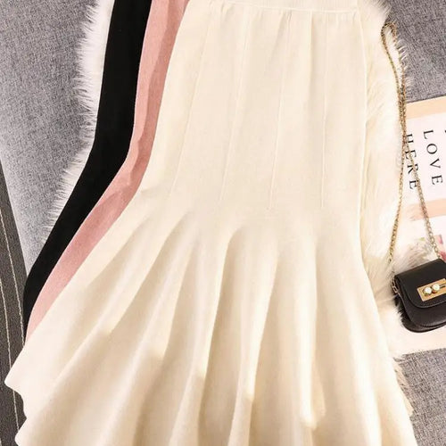 Load image into Gallery viewer, Autumn Winter Black Pleated Knit Fishtail Skirt Women 2023 Fashion Beige Bodycon Mermaid Midi Skirt Pink Elastic High Waist Slim
