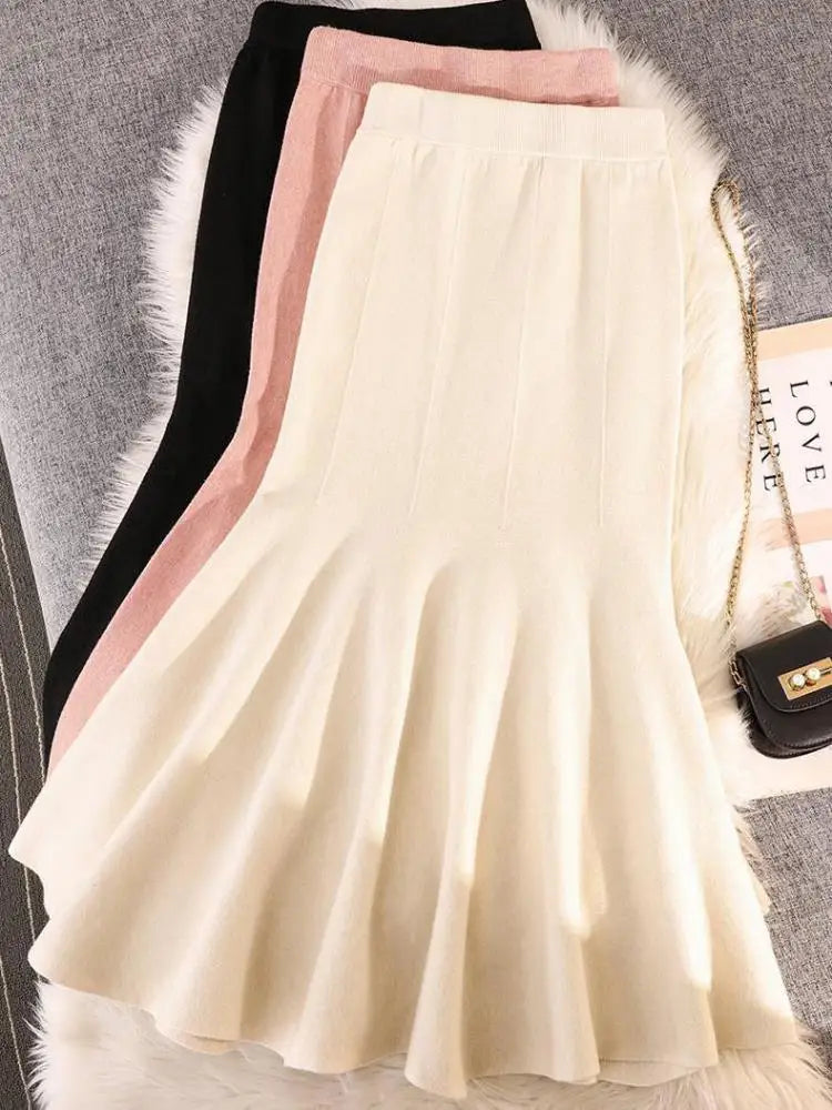 Autumn Winter Black Pleated Knit Fishtail Skirt Women 2023 Fashion Beige Bodycon Mermaid Midi Skirt Pink Elastic High Waist Slim