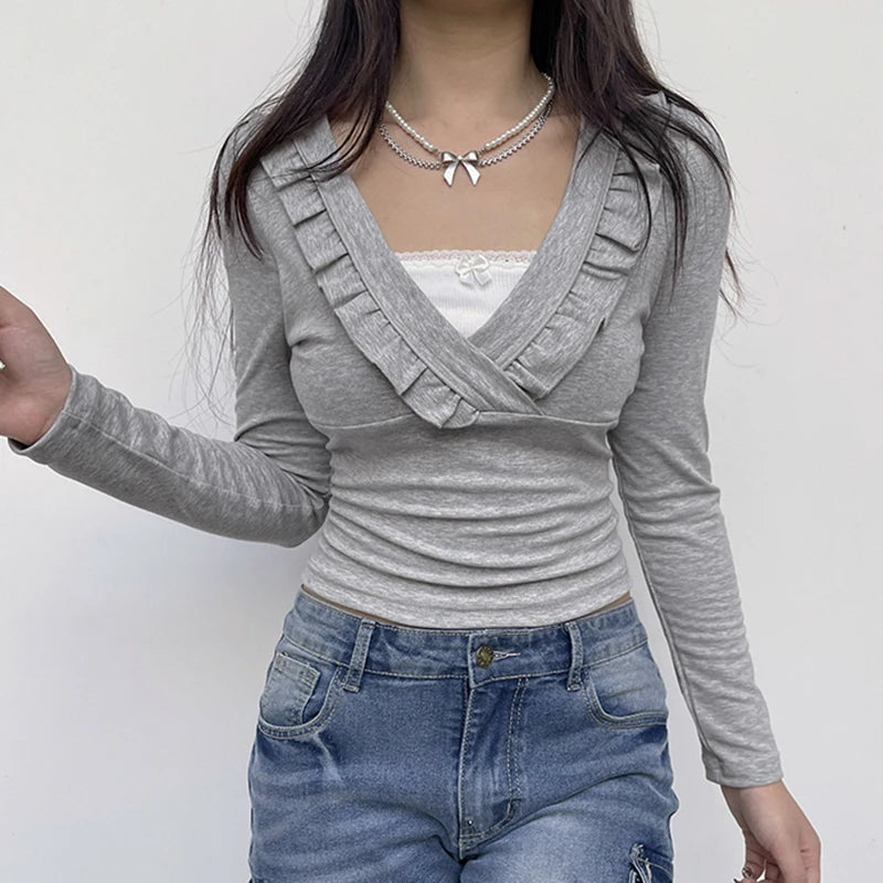 Casual V Neck Ruffles Patched Female Tee Shirt Korean Fashion Slim Autumn T Shirts Sweet Kawaii Cropped Top Clothing