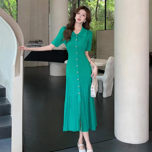 Load image into Gallery viewer, Spring Summer 2025 New Korean Style Black Beige Slim Short Sleeves Dress Women Fashion Green Elegant Single Breasted Long Dress
