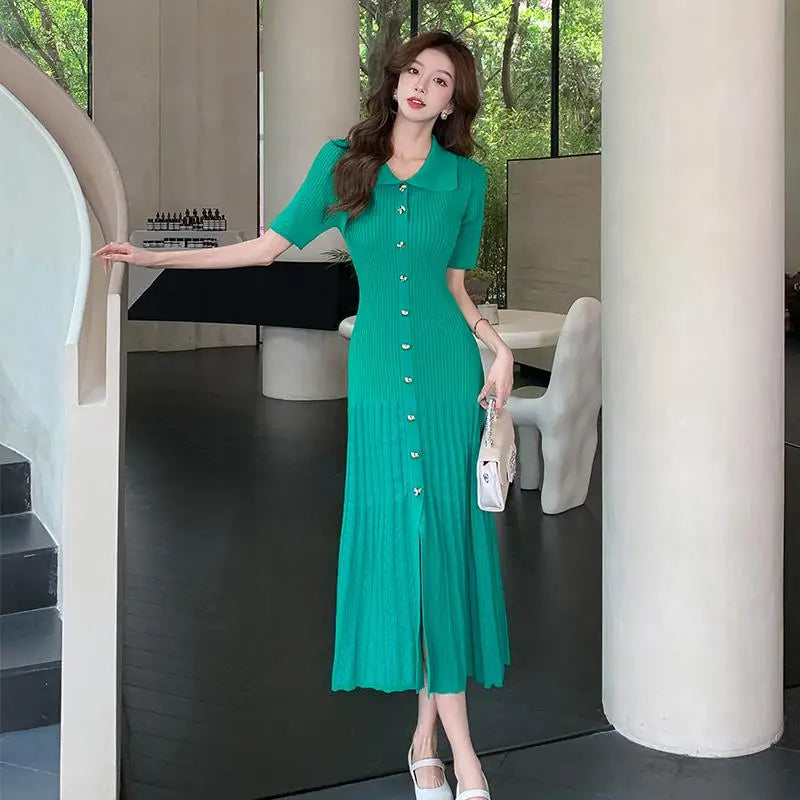 Spring Summer 2025 New Korean Style Black Beige Slim Short Sleeves Dress Women Fashion Green Elegant Single Breasted Long Dress