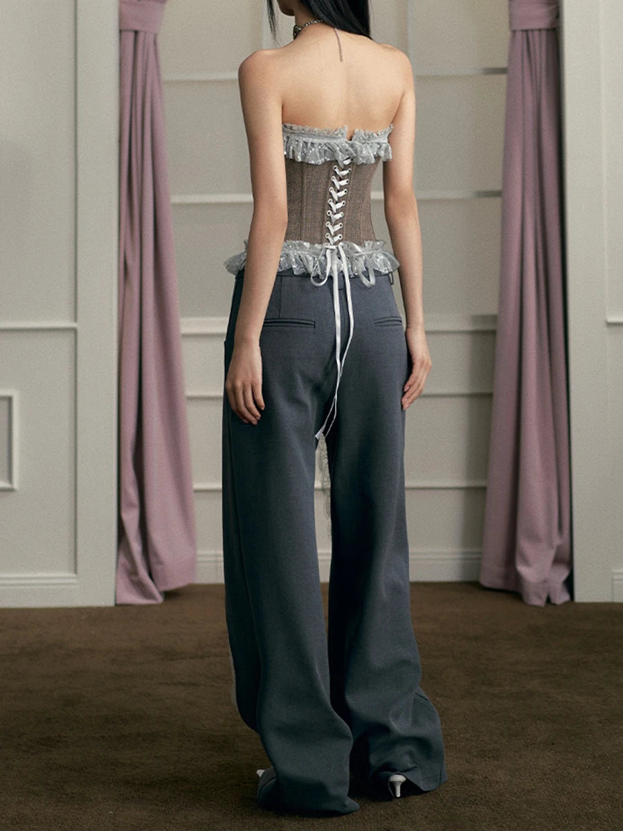 Hit Color Chic Two Piece Set For Women Strapless Sleeveless Vest High Waist Designer Pant Slimming Sets Female New