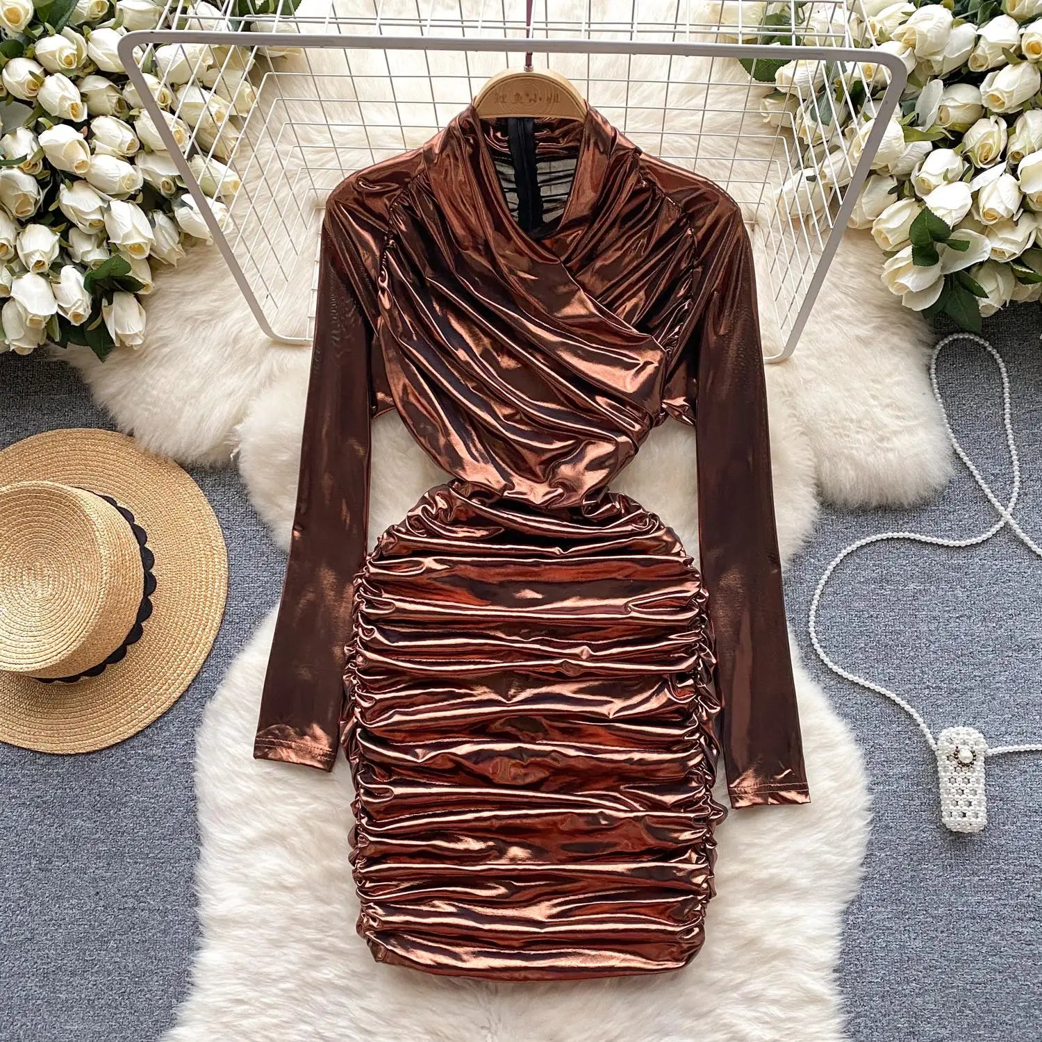 French Solid Elegant Office Ruched Holiday Party Wrapped Hip Mini Dress Women Short Pleated Zipper Evening Dress Popular Autumn