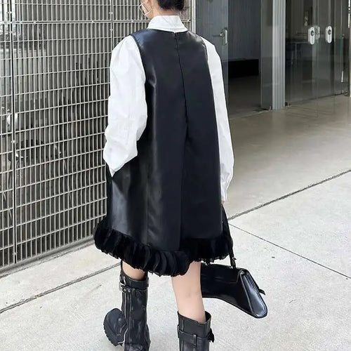 Load image into Gallery viewer, Black Leather Mesh Dress Shirt Two Pieces Suit New Lapel Long Sleeve Women Fashion Tide Spring Autumn 2025 1DH9256
