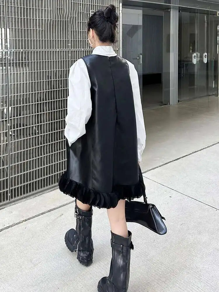 Black Leather Mesh Dress Shirt Two Pieces Suit New Lapel Long Sleeve Women Fashion Tide Spring Autumn 2025 1DH9256