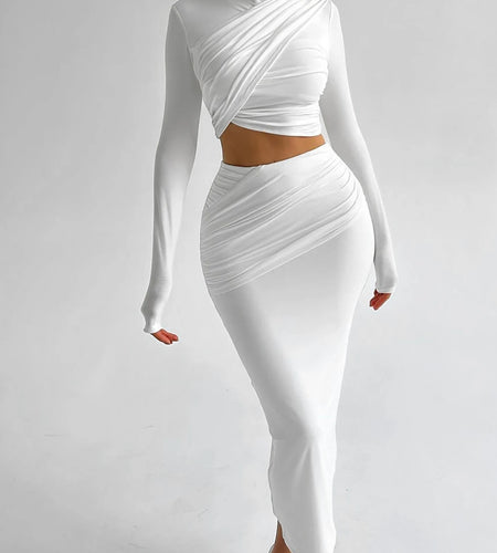 Elegant 2 Pcs Sets Solid Long Sleeve Ruched Sexy Crop T-Shirt Top Maxi Skirt Fall Women Clothes Birthday Party Festival