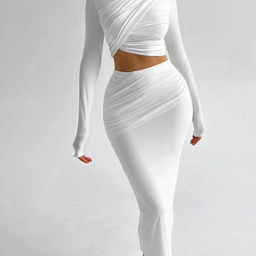 Load image into Gallery viewer, Elegant 2 Pcs Sets Solid Long Sleeve Ruched Sexy Crop T-Shirt Top Maxi Skirt Fall Women Clothes Birthday Party Festival
