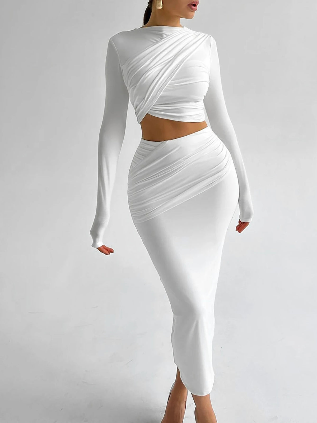 Elegant 2 Pcs Sets Solid Long Sleeve Ruched Sexy Crop T-Shirt Top Maxi Skirt Fall Women Clothes Birthday Party Festival