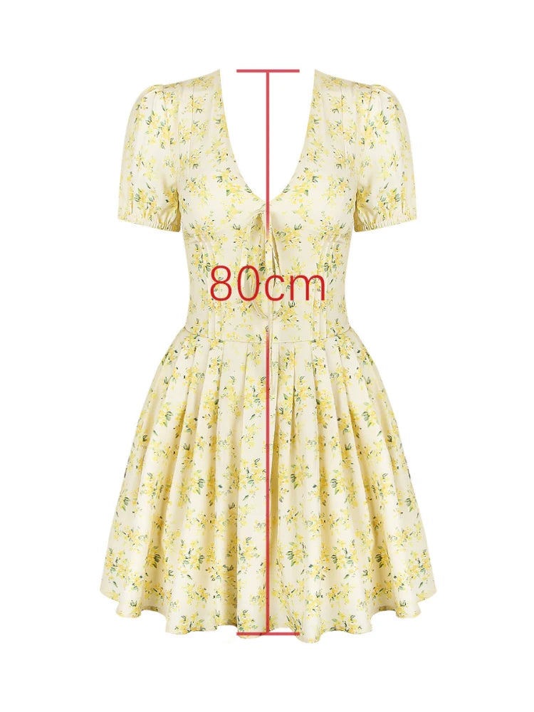 Fashion Summer Dresses 2024 Sexy V Neck Puff Sleeve Tulle Dress Fluffy Print Holiday Party Dress Casual A Line Dress