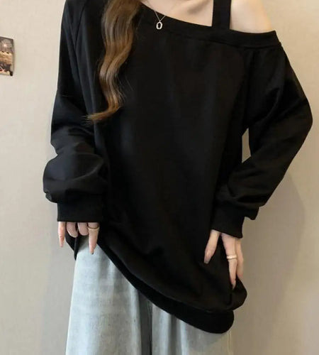 Korean Version Casual Women's Autumn Winter New Grey Versatile Long Sleeved Cotton Tops Black Off Shoulder Velvet Sweatershirt
