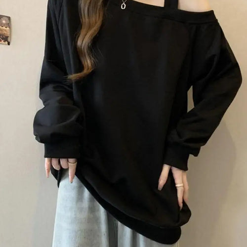 Load image into Gallery viewer, Korean Version Casual Women's Autumn Winter New Grey Versatile Long Sleeved Cotton Tops Black Off Shoulder Velvet Sweatershirt
