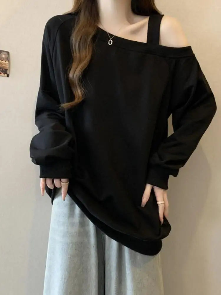Korean Version Casual Women's Autumn Winter New Grey Versatile Long Sleeved Cotton Tops Black Off Shoulder Velvet Sweatershirt
