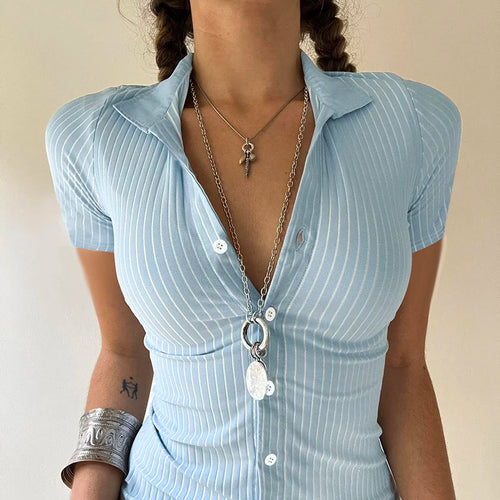 Load image into Gallery viewer, Fashion Knitted Chic Blue Stripe Women Blouse Top Buttons-Up Cardigan Slim Summer Shirts Korean Style Outfits Leisure
