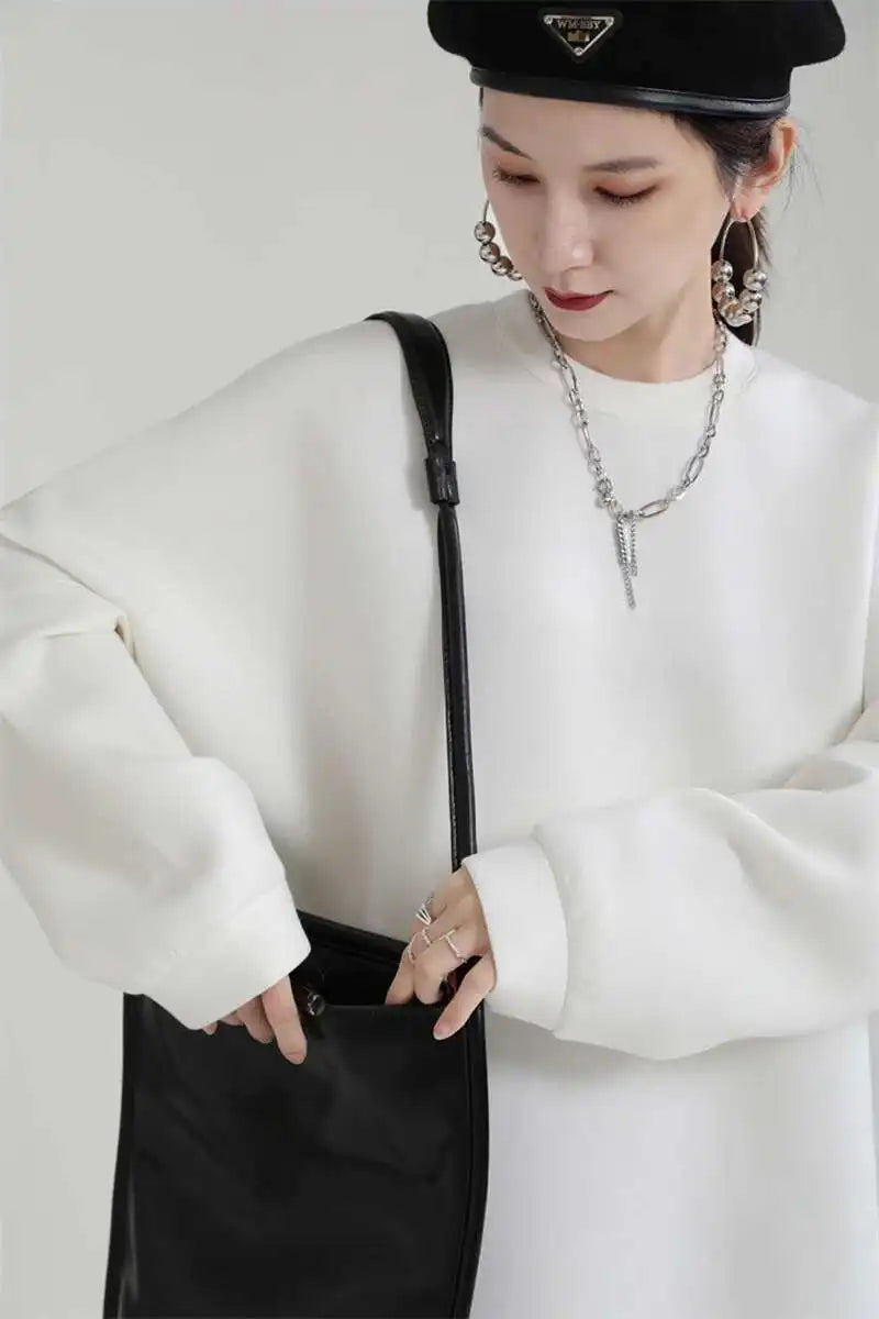 Women White Big Size Shaped Long Dress New Round Neck Long Sleeve Loose Fit Fashion Tide Spring Autumn 2025 1DE4098