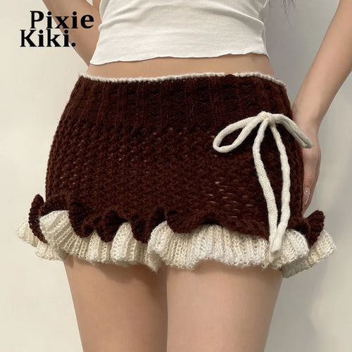 Load image into Gallery viewer, Kawaii Girls Y2k Knit Ruffled Fuzzy Skirt Lolita Style Winter Bottom Coquette Low Rise Mini Skirts for Woman P67-CG17
