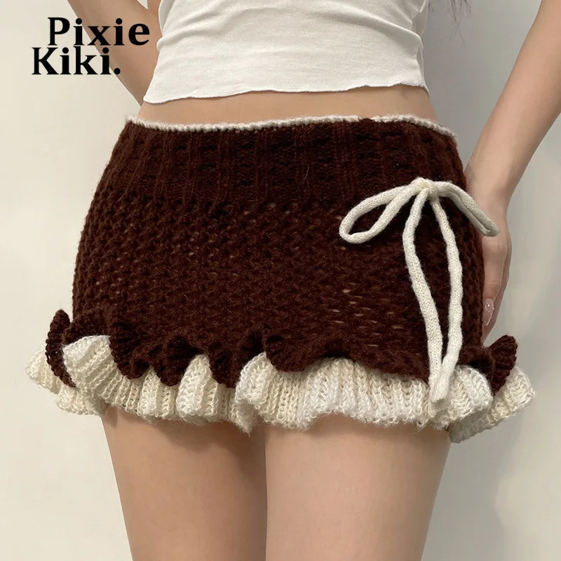 Kawaii Girls Y2k Knit Ruffled Fuzzy Skirt Lolita Style Winter Bottom Coquette Low Rise Mini Skirts for Woman P67-CG17