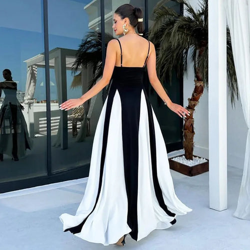 Load image into Gallery viewer, Patchwork Spaghetti Strap Maxi Dress For Women Color Contrast Slipdress Ladies Sleeveless Backless Loose Long Dress
