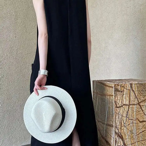 Load image into Gallery viewer, Women Orange Pocket Knot Elegant  Long Big Size Dress New V-Neck Sleeveless Fashion Tide Spring Summer 2025 1DH6380
