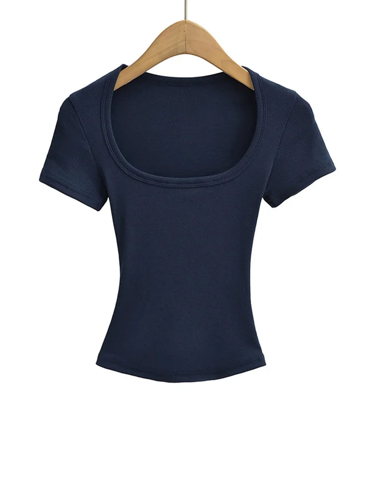 Square Collar High Stretch Summer Crop Tops Women Short Sleeve Tops Sexy Pullover Bottoming Blouses Slim T-shirt