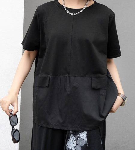Women Black Irregular Spliced Big Size Casual T-shirt New Round Neck Short Sleeve Fashion Tide Spring Summer 2025 1DJ0488