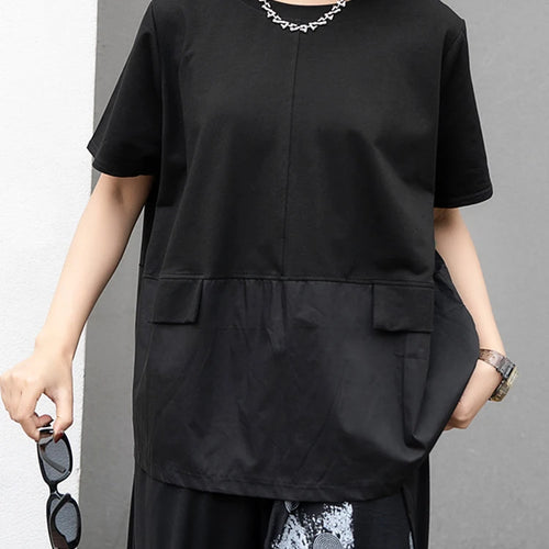 Load image into Gallery viewer, Women Black Irregular Spliced Big Size Casual T-shirt New Round Neck Short Sleeve Fashion Tide Spring Summer 2025 1DJ0488
