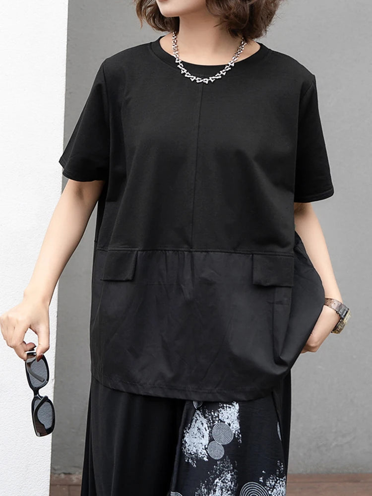 Women Black Irregular Spliced Big Size Casual T-shirt New Round Neck Short Sleeve Fashion Tide Spring Summer 2025 1DJ0488