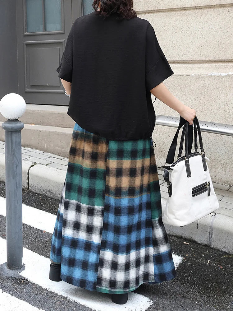 Women Black  Drawstring Big Size Casual T-shirt New Round Neck Short Sleeve Fashion Tide Spring Summer 2025 1DJ0427