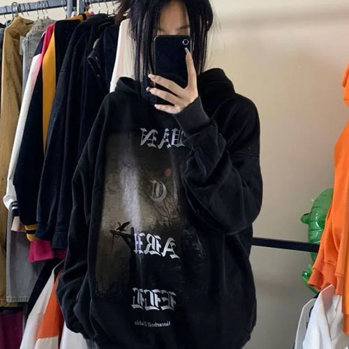 Load image into Gallery viewer, Deeptown Gothic Goth Dark School Dark Academy Hoodie Harajuku Women 2023 Autumn Streetwear Black Long Sleeve Top Pullover
