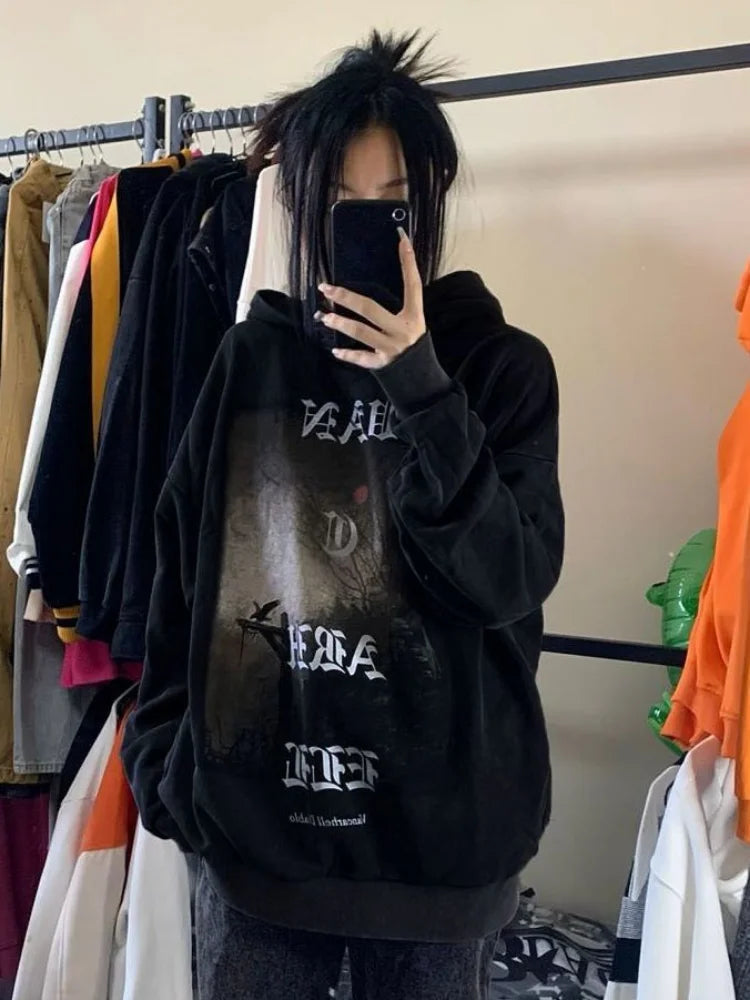 Deeptown Gothic Goth Dark School Dark Academy Hoodie Harajuku Women 2023 Autumn Streetwear Black Long Sleeve Top Pullover