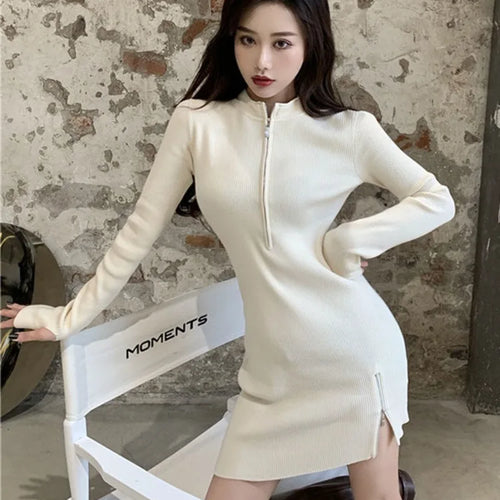 Load image into Gallery viewer, Autumn Korean Zip Knitted Sweater Sexy Bodycon Mini Split Dress Women Kpop Wrap Black Long Sleeve Short Dresses
