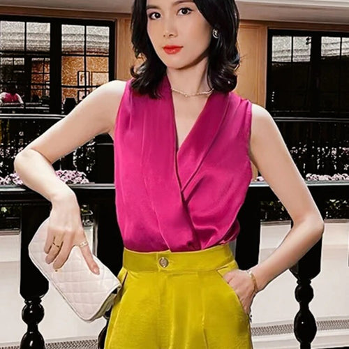 Load image into Gallery viewer, Asymmetrical Solid Shirt For Women V Neck Sleeveless Pullover Sexy Elegant Blouse Summer Female Fashion Clothing
