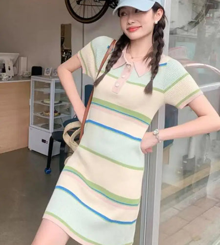 Korean Fashion Women New Beige Striped Single Breasted Knitted Mini Dress Spring Summer Short Sleeves Holiday Dress Casual Trend