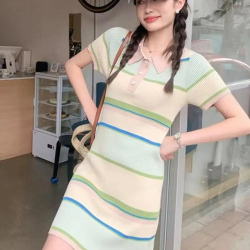 Load image into Gallery viewer, Korean Fashion Women New Beige Striped Single Breasted Knitted Mini Dress Spring Summer Short Sleeves Holiday Dress Casual Trend
