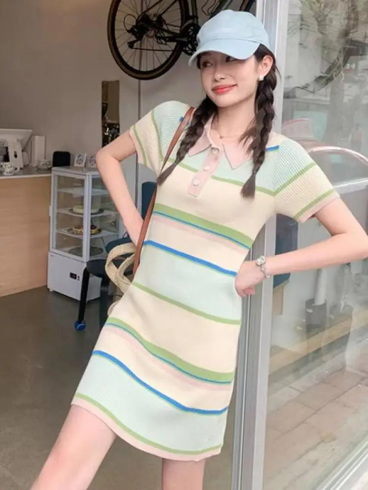 Korean Fashion Women New Beige Striped Single Breasted Knitted Mini Dress Spring Summer Short Sleeves Holiday Dress Casual Trend