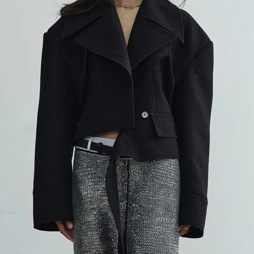 Load image into Gallery viewer, Black Lace Big Size Short Irregular Woolen Coat New Lapel Long Sleeve Women Jacket Fashion Tide Autumn Winter 2025 1DH7518
