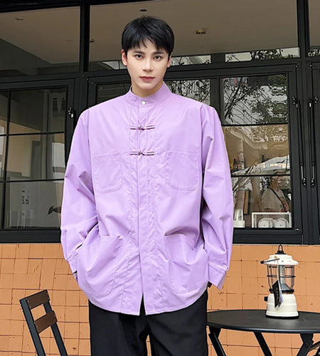 IEFB Stand Collar Male Shirts New Chinese Style Knot Button Long Sleeve Shirt Single Breasted Casual Loose Top Spring 9W1283