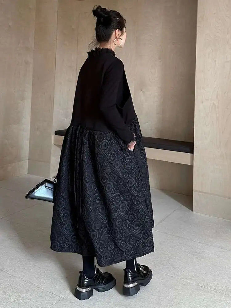 Women Black Pattern Textured Big Size  Long Vest Dress New V-Neck Sleeveless Fashion Tide Spring Autumn 2025 1DH844101