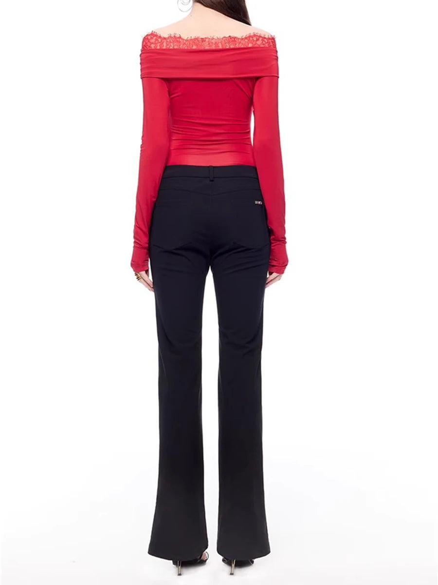 Solid Spliced Lace Up Slimming T Shirts For Women Slash Neck Long Sleeve Minimalist T Shirt Female Fashion Style