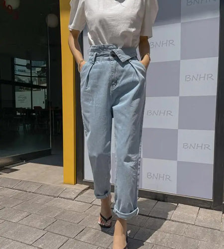 Vintage Straight Pants Women Summer Korean Style High Waist Blue Ankle-length Jeans Simple All-match Baggy Student Trendy Casual