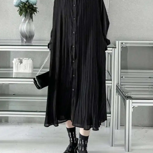 Load image into Gallery viewer, Women Black Brief Pleated Elegant Big Size Midi Shirt Dress New Lapel Long Sleeve Fashion Tide Spring Autumn 2025 1DJ0072
