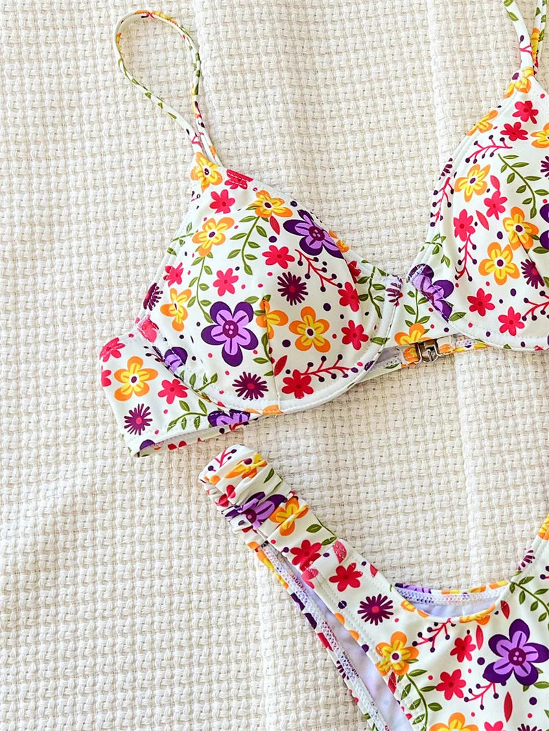 Sexy Floral Print Bandeau Bikini Set Thong Women Swimwear Female Swimsuit Brazilian Bathing Suit