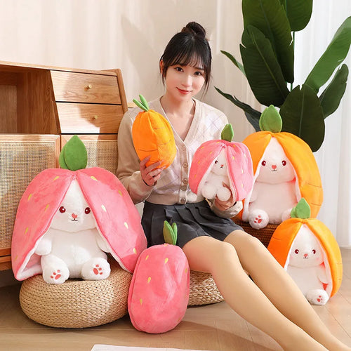 Load image into Gallery viewer, Funny  Strawberry Carrot Rabbit Plush Toy Stuffed Creative Bag into Fruit Transform Baby Cuddly Bunny Plushie Doll For Kids
