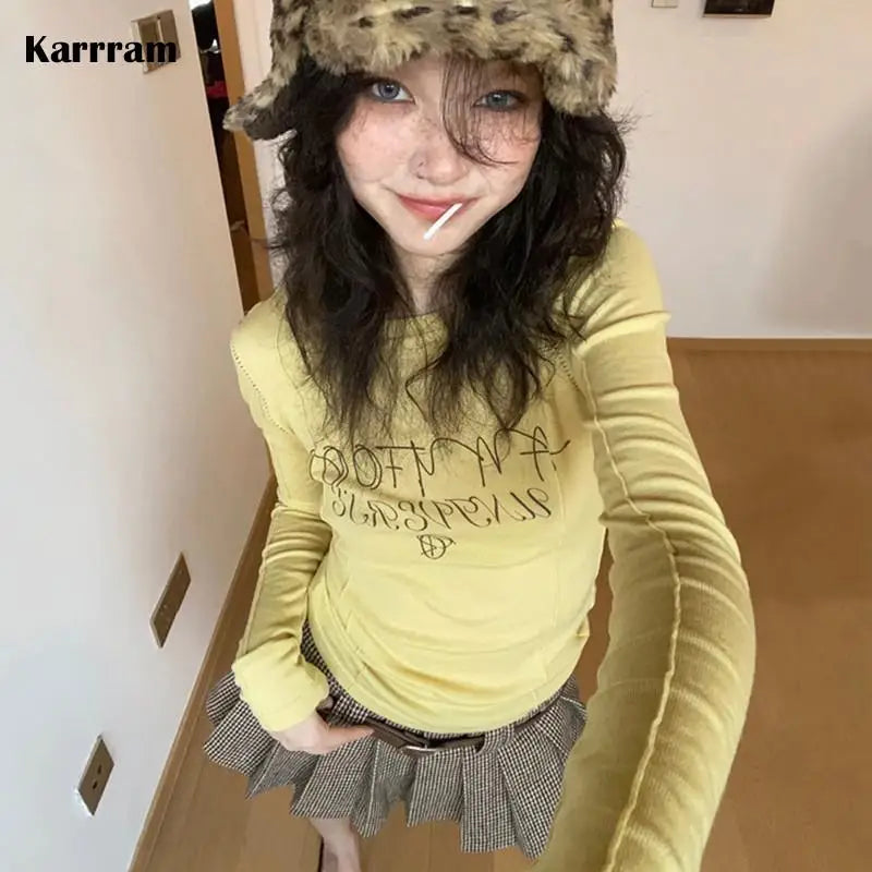 Y2k Aesthetics Yellow T-shirt 2000s Japanese Harajuku Tee Shirt Grunge Letter Print Long Sleeve Tshirt E-girl Streetwear