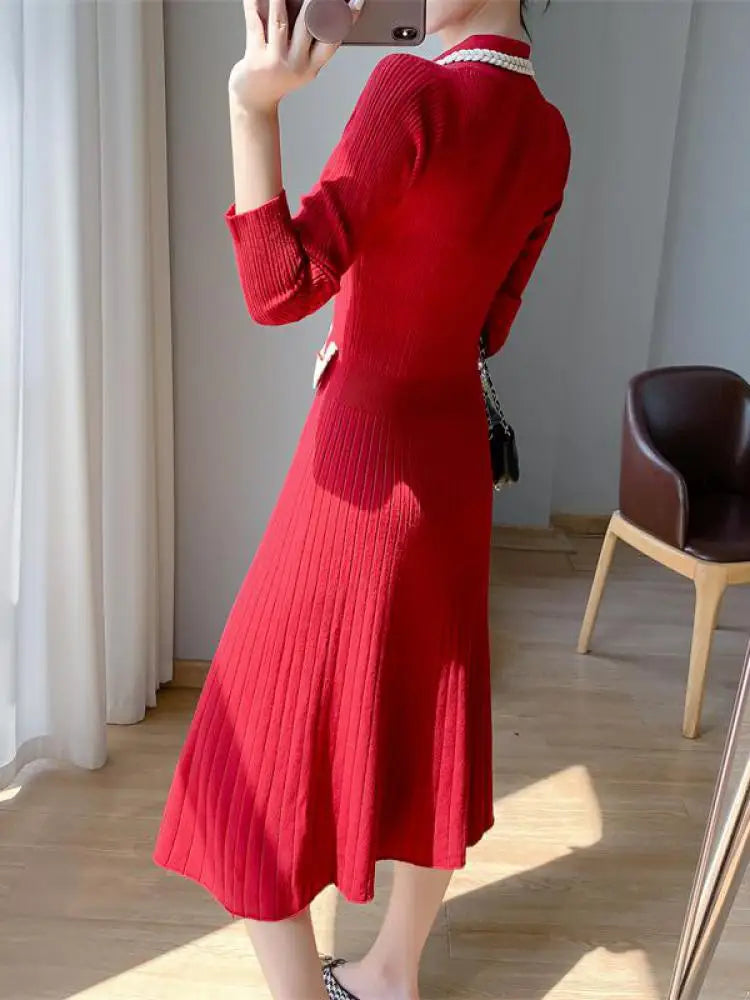 Women Lapel Single Breasted Patchwork Midi Sweater Dress Elegant Fashion Pullover Bodycon Streetwear Knit Dress 2023 New Autumn