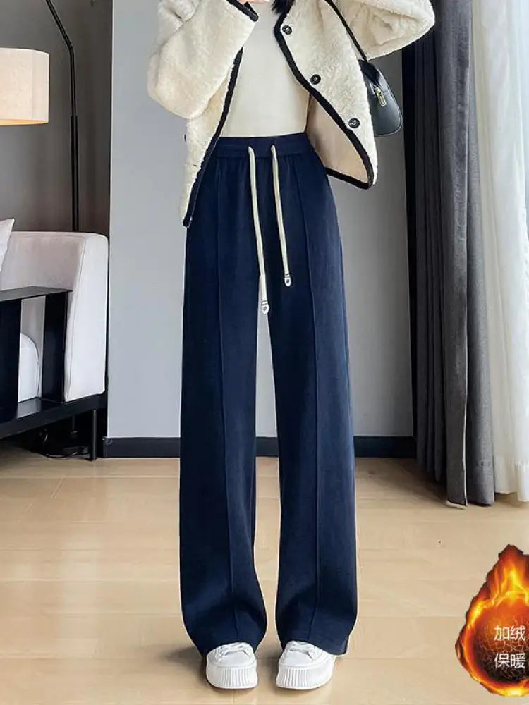Women Black Blue Velvet High Waist Office Ladies Pant Korean Fashion Red Drawstring Wide Leg Trousers Casual Thick New 2024 Chic
