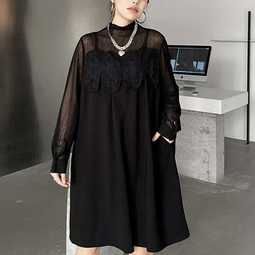 Load image into Gallery viewer, Women Black Mesh Lace Big Size Elegant Knee-Length Dress New Turtleneck Long Sleeve Fashion Spring Autumn 2025 1DH8734
