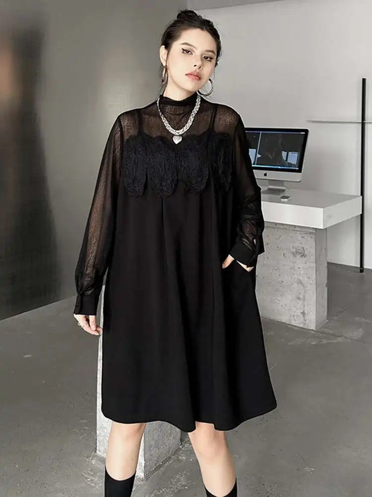 Women Black Mesh Lace Big Size Elegant Knee-Length Dress New Turtleneck Long Sleeve Fashion Spring Autumn 2025 1DH8734