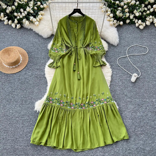 Load image into Gallery viewer, French Women Lace Embroidery Birthday Evening Party Dress Autumn Round Neck Elegant Long Sleeved Ruffles Lace-up Pleated Dresses
