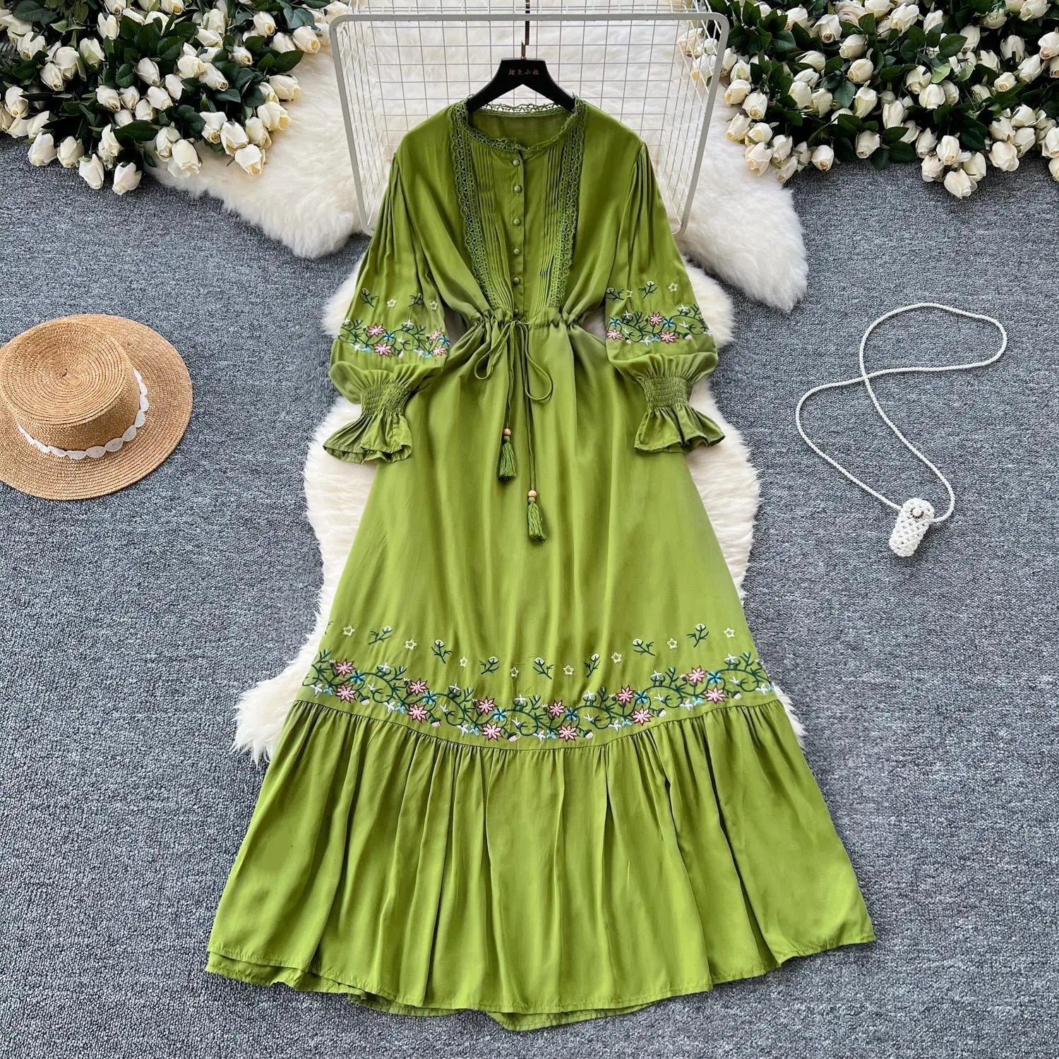 French Women Lace Embroidery Birthday Evening Party Dress Autumn Round Neck Elegant Long Sleeved Ruffles Lace-up Pleated Dresses