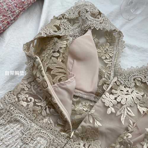 Load image into Gallery viewer, Summer Khaki Patchwork Lace Party Vest Short Dress Women Pink Embroidered Sleeveless V Neck Sexy Club Wrapped Hip Mini Dress New
